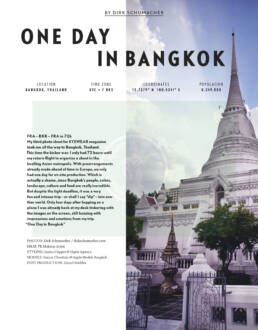 Dirk Schumacher, ein renommierter Fotograf, erkundet Bangkok für ein Editorial im Spectr-Magazine. Seine Bilder fangen die pulsierende Energie der Straßen, die Ruhe der Tempel und die moderne Architektur der Stadt ein. Jedes Foto erzählt eine Geschichte und enthüllt die verborgenen Schönheiten Bangkoks durch Schumachers einzigartige Perspektive.